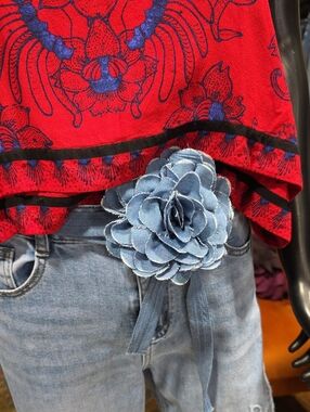 Denim Blue Floral Belt with Fabric Rose